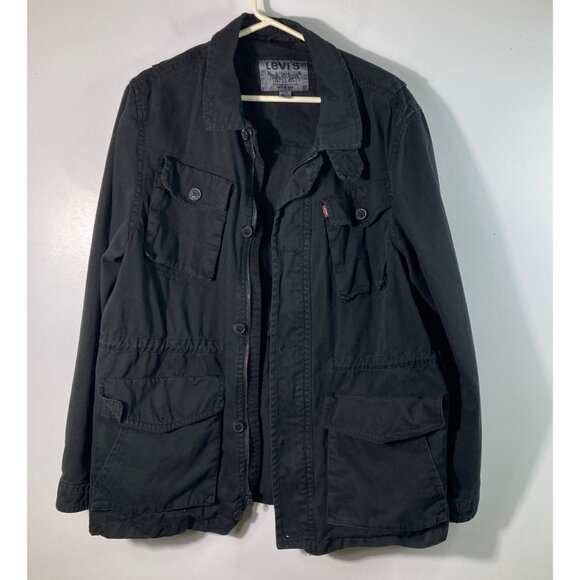 Mens Levis Black Denim Utility Chore Jacket Black L Cotton Polyester Zip Button - Picture 1 of 8